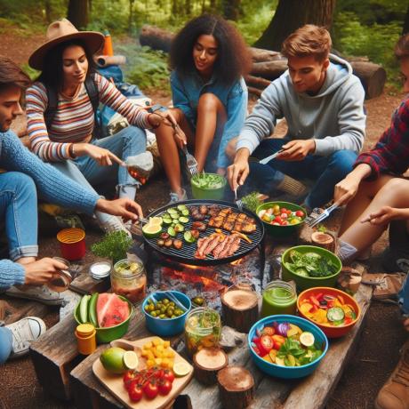 jóvenes comen afuera en un restaurante rural cuidando su dieta 