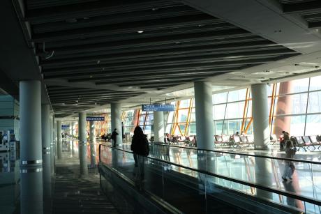 Viajero con equipaje en una pasarela de aeropuerto