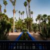 Jardín con palmeras y agua azul en Marrakech